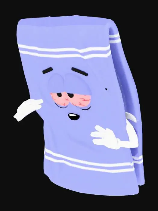 3D model for reate a stylized 3D character based on the provided image.
The character is “Towelie (Toallín)”, a rectangular anthropomorphic towel with a soft fabric texture.
Body shape: tall, flat rectangular body with slightly rounded edges, towel thickness visible on the sides.
Material: soft cotton towel fabric, subtle wrinkles and folds, matte finish.
Color: light lavender / pale purple with two thin white horizontal stripes near the top and bottom edges.
Face: cartoon-style face centered on the upper body, droopy half-closed eyes with red veins, sleepy expression, small black oval mouth slightly open, thick simple eyebrows angled downwards.
Arms: thin white cartoon arms coming out from the sides, simple glove-like hands with four fingers, relaxed pose.
Style: clean, stylized, South Park–inspired b