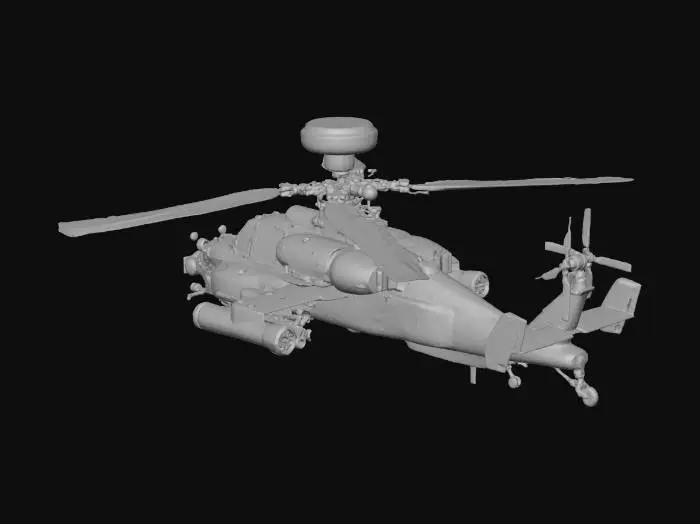 3D model for Isometric 3D AH-64 Apache-style attack helicopter. Tandem cockpit with armored glass, narrow fuselage, large sensor dome above rotor, wing-mounted rocket pods and missile racks, chin-mounted autocannon. Military desert camouflage, matte finish with light weathering and dust buildup. Rotor blades extended and readable in isometric view. Stylized realism for RTS or tactical games. Consistent isometric angle, clean topology, game-ready mesh, PBR textures, isolated asset, no background.