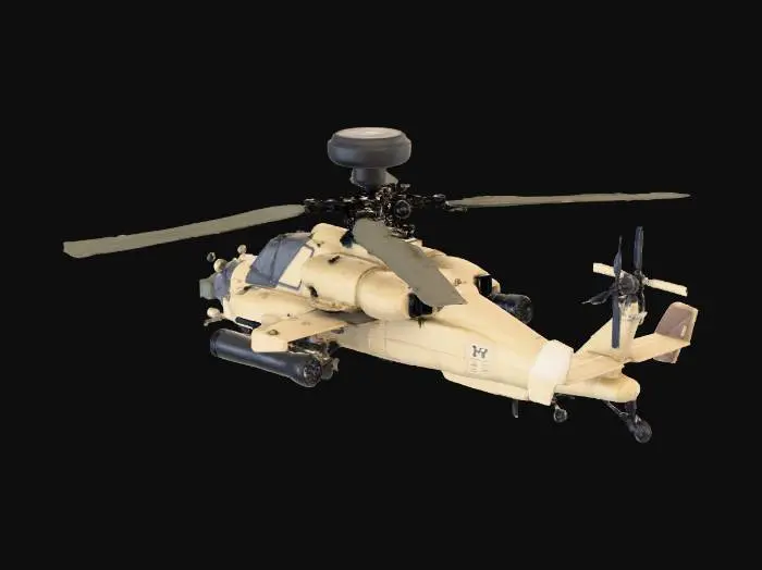 3D model for Isometric 3D AH-64 Apache-style attack helicopter. Tandem cockpit with armored glass, narrow fuselage, large sensor dome above rotor, wing-mounted rocket pods and missile racks, chin-mounted autocannon. Military desert camouflage, matte finish with light weathering and dust buildup. Rotor blades extended and readable in isometric view. Stylized realism for RTS or tactical games. Consistent isometric angle, clean topology, game-ready mesh, PBR textures, isolated asset, no background.