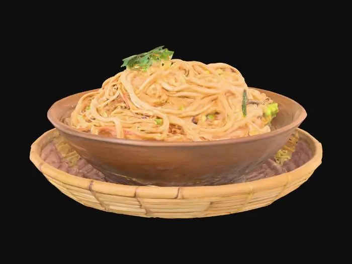 3D model for bowl of fresh chow mein on a bamboo tray hot and ready