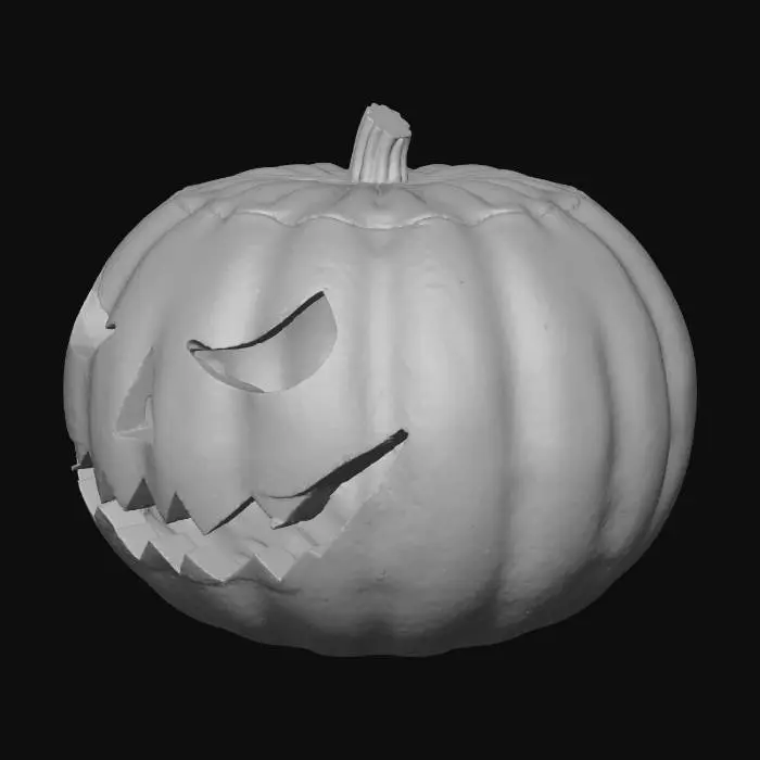 3D model for A classic, freshly carved pumpkin, deep orange in color, featuring a wide, mischievous grin with jagged teeth and triangular eyes. Its smooth, slightly textured skin glows softly from an internal light, casting gentle shadows within the clean, defined cuts. The carving demonstrates precision, with sharp edges that perfectly outline the traditional Halloween face, set against an utterly clear and neutral background.