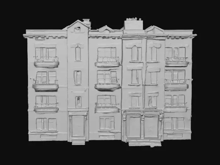 3D model for High-quality modular residential apartment facade, 90s urban style, realistic brick and concrete textures, separate window frames for glass placement, highly detailed architectural elements, 4k PBR textures, game-ready for PC