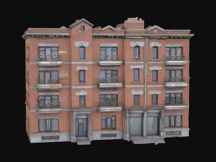 3D model for High-quality modular residential apartment facade, 90s urban style, realistic brick and concrete textures, separate window frames for glass placement, highly detailed architectural elements, 4k PBR textures, game-ready for PC