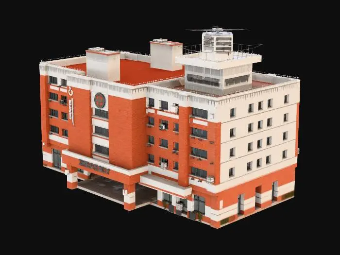 3D model for A massive 1990s era general hospital complex. Brutalist concrete architecture mixed with functional red brick sections. Highly detailed, photorealistic, 8k resolution. Crucial constraint: Precise hard surface modeling, perfectly straight lines, symmetrical window arrangement, no organic warping, accurate architectural geometry. Features: Large emergency entrance canopy (EMERGENCY sign), ambulance bay, rooftop helipad, weathered textures, realistic PBR materials, Unreal Engine 5 ready asset.