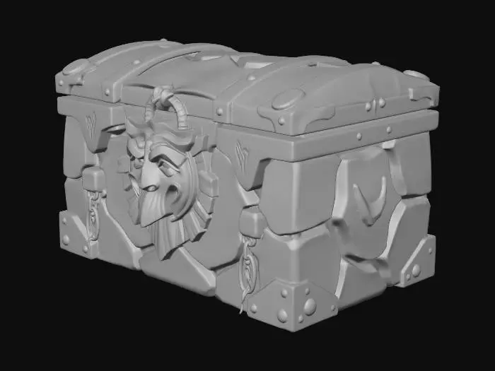 3D model for Stylized fantasy treasure chest made of rough stone blocks with reinforced golden metal plates. 
Heavy golden lock in the center shaped like an ancient mask. 
Decorative chains wrapped around the chest. 
Dungeon style treasure chest, ancient and mysterious. 
Stone texture worn by time, subtle cracks and engravings. 
Gold metal details slightly weathered but still shiny. 
Compact chest proportions, game-ready asset. 
Stylized fantasy RPG art style similar to JRPG treasure chests. 
Clean topology, optimized geometry, suitable for game engine.