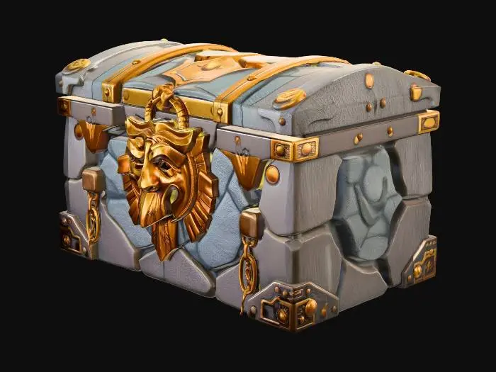 3D model for Stylized fantasy treasure chest made of rough stone blocks with reinforced golden metal plates. 
Heavy golden lock in the center shaped like an ancient mask. 
Decorative chains wrapped around the chest. 
Dungeon style treasure chest, ancient and mysterious. 
Stone texture worn by time, subtle cracks and engravings. 
Gold metal details slightly weathered but still shiny. 
Compact chest proportions, game-ready asset. 
Stylized fantasy RPG art style similar to JRPG treasure chests. 
Clean topology, optimized geometry, suitable for game engine.