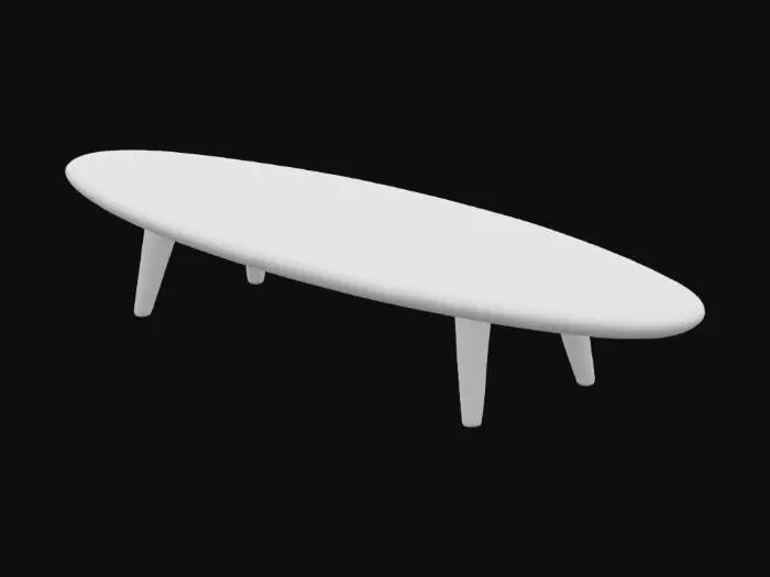 3D model for an ultra realistic 1970s retro coffee table shaped like a surf board but made out of dark Brazilian rose wood