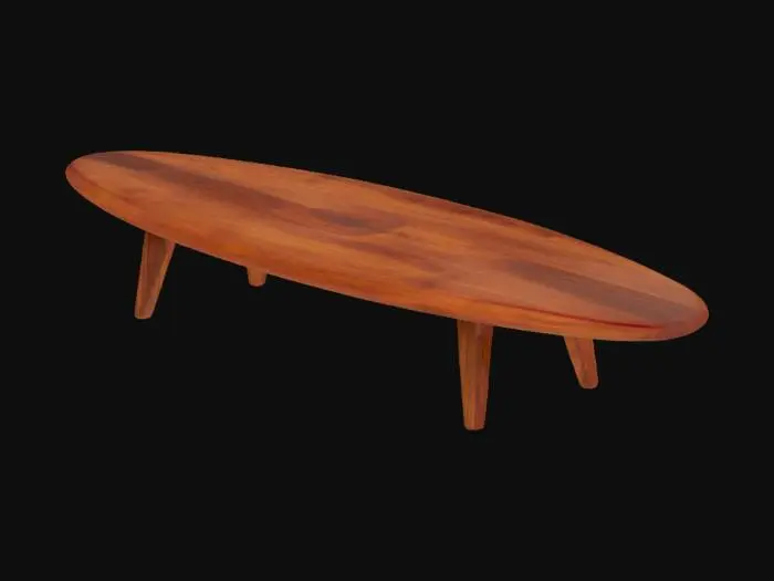 3D model for an ultra realistic 1970s retro coffee table shaped like a surf board but made out of dark Brazilian rose wood