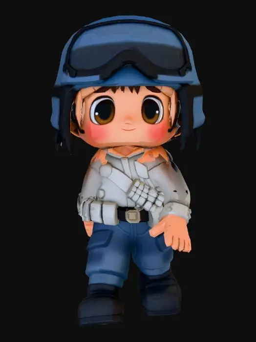 3D model for Create a stylized low-poly 3D soldier boy character in a neutral T-pose.
The character is cheerful and heroic, with a childlike proportion (large head, small body).
Outfit: blue cargo pants, dark boots, light gray short-sleeve shirt, and a utility belt with small pouches.
Accessories: smooth rounded blue helmet.
Facial style: cartoon-style, expressive eyebrows, small nose, confident smile.
Body type: compact, slightly chubby stylized proportions similar to mobile game characters.
Materials: clean, simple colors, soft shading, no textures required.
Render angle: front, side, and back views.
Clean modeling topology, good for rigging and animation.
DO NOT copy any existing game character exactly; generate an original character inspired by stylized mobile game aesthetics.