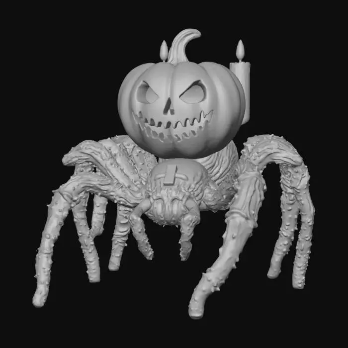 3D model for Eine Gruselige Spinne mit einem Kürbis als Kopf, in den Augenhöhlen  brennen gruselige verzierte Kerzen. Der Körper ist pechschwarz mit einem leuchten eingraviertem Kreuz auf dem Rücken. #Halloween2025#