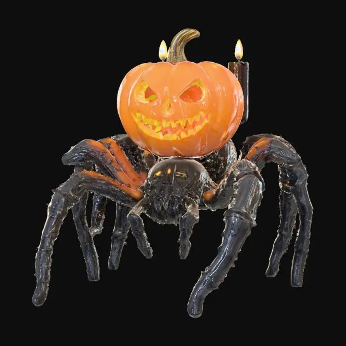 3D model for Eine Gruselige Spinne mit einem Kürbis als Kopf, in den Augenhöhlen  brennen gruselige verzierte Kerzen. Der Körper ist pechschwarz mit einem leuchten eingraviertem Kreuz auf dem Rücken. #Halloween2025#