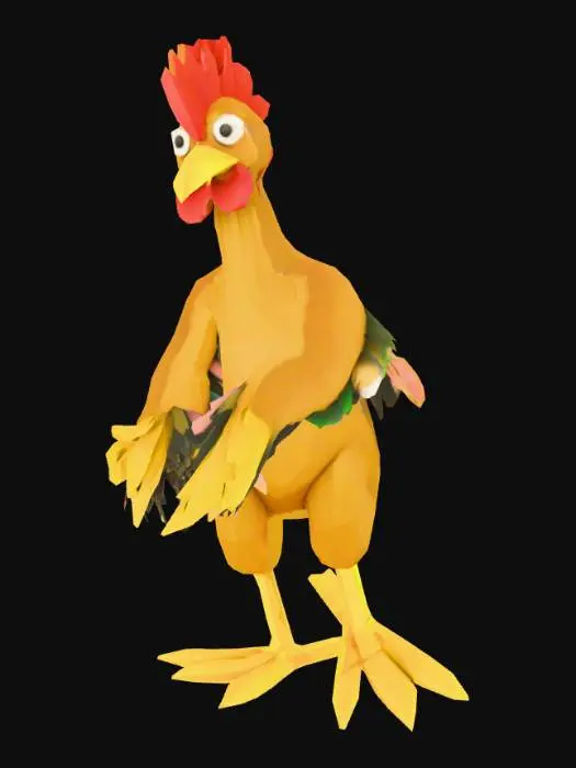 3D model for I want to make a low poly stylized game and Im currently in need of a character. I prefer this to be a bit goofie and less serious. maybe an humanoid chicken. it should be humanoid remember because I will need to rig it as a human dont make a small actual chicken it should be a playable character make it memorable. Make sure the T pose is there its really important to rig correctly