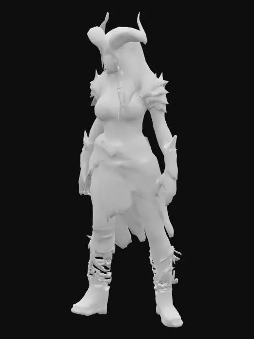 3D model for Female demon creature in the style of classic EverQuest — humanoid figure with red-gray flesh, dark gray hair with red streaks, torn medieval-style armor, glowing eyes, and long horns. Wears tattered leather clothes with straps. Lean frame, menacing stance. Styled with low-fantasy realism and gritty textures, ideal for a dark MMORPG world. Standing idle.