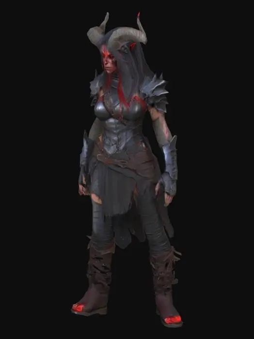 3D model for Female demon creature in the style of classic EverQuest — humanoid figure with red-gray flesh, dark gray hair with red streaks, torn medieval-style armor, glowing eyes, and long horns. Wears tattered leather clothes with straps. Lean frame, menacing stance. Styled with low-fantasy realism and gritty textures, ideal for a dark MMORPG world. Standing idle.