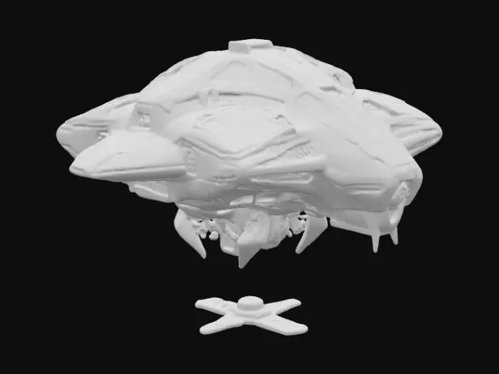 3D model for A hyper-detailed 3D rendering of a colossal alien starship hovering silently above a crystalline desert under a twilight sky. The ship’s surface features intricate, bio-mechanical patterns glowing with iridescent veins of unknown energy, shifting hues from violet to teal as if alive. Enhanced with #PBR# texturing: realistic metal reflections, surface scratches, and weathered edges make every inch feel tangible. Its asymmetrical architecture defies human geometry — flowing like an alien organism fused with futuristic tech. Ambient lighting and shallow depth of field give it a surreal, cinematic touch.