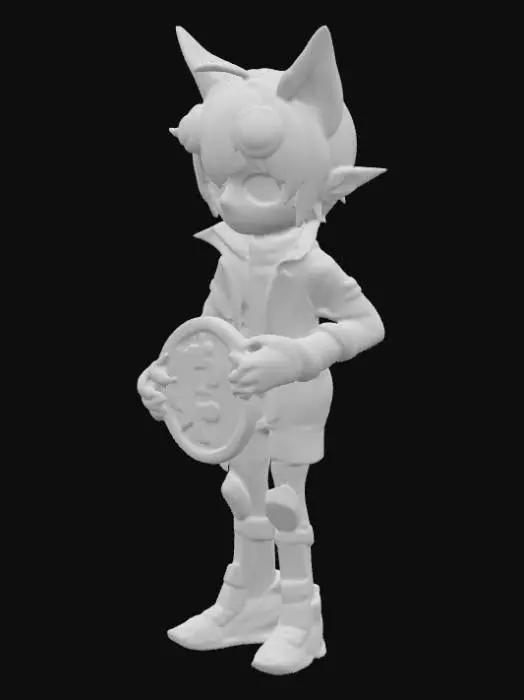 3D model for A detailed 3D rendering of a stylized anime character with expressive big eyes, futuristic clothing, and glowing neon accents, standing heroically on a cyberpunk city rooftop at night. The character is holding a large golden Bitcoin in one hand, which shines with radiant reflections and glowing engravings. The surfaces are enhanced with #PBR# texturing for realistic metal, fabric, and skin shading, showing fine detail in reflections, highlights, and shadows. Cinematic lighting with volumetric glow emphasizes the Bitcoin as a symbol of power and futuristic wealth.