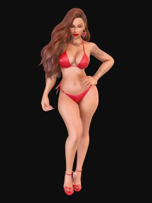 3D model for A 3D rendering of a confident, voluptuous Puerto Rican female character with long flowing brown hair and radiant skin. She wears a stylish two-piece red bikini and elegant red high-heel stilettos, paired with bold red lipstick for a striking look. A small red heart tattoo with the name “Ali” in the center is placed on her left upper breast, adding a personal detail. Her stance is confident, conveying power and allure. The character’s skin, fabric, tattoo ink, and accessories are enhanced with #PBR# texturing for realistic highlights, shadows, and reflective surfaces. Cinematic studio lighting emphasizes curves, shine, and natural detail.