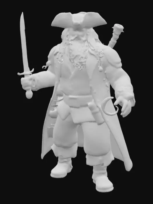 3D model for A 3D rendering of the legendary pirate Blackbeard standing in a powerful stance, his hands extended outward. In one hand, he grips a sword with a gleaming steel blade, while the other arm has no hand but ends in a polished iron hook. He wears a dark, tattered captain’s coat adorned with brass buttons, leather belts, and sea-worn fabrics, his long braided beard decorated with beads and burning fuses. His tricorne hat casts a shadow across his intense eyes. All surfaces—metal, fabric, leather, and skin—are enhanced with #PBR# texturing for realistic reflections, scratches, and weathered detail. Dramatic cinematic lighting highlights his fierce expression and battle-ready stance.