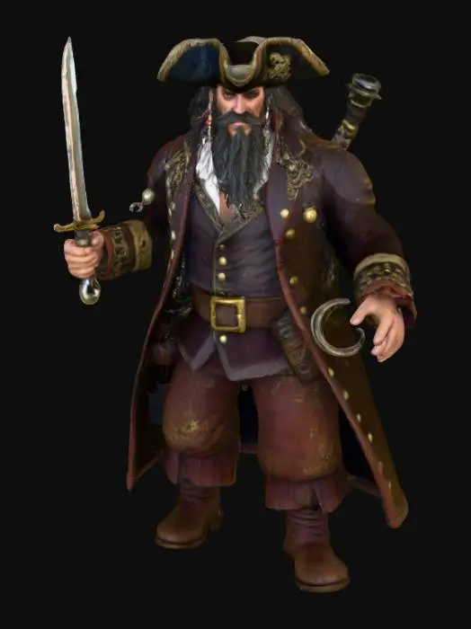 3D model for A 3D rendering of the legendary pirate Blackbeard standing in a powerful stance, his hands extended outward. In one hand, he grips a sword with a gleaming steel blade, while the other arm has no hand but ends in a polished iron hook. He wears a dark, tattered captain’s coat adorned with brass buttons, leather belts, and sea-worn fabrics, his long braided beard decorated with beads and burning fuses. His tricorne hat casts a shadow across his intense eyes. All surfaces—metal, fabric, leather, and skin—are enhanced with #PBR# texturing for realistic reflections, scratches, and weathered detail. Dramatic cinematic lighting highlights his fierce expression and battle-ready stance.