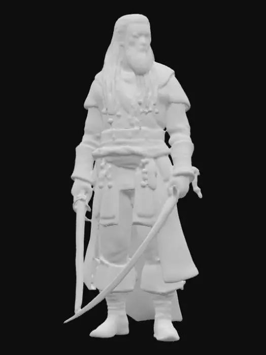 3D model for A 3D rendering of the legendary pirate Blackbeard standing in a powerful stance, his hands extended outward. In one hand, he grips a weathered cutlass with a gleaming steel blade, while the other arm ends in a polished iron hook. He wears a dark, tattered captain’s coat adorned with brass buttons, leather belts, and sea-worn fabrics, his long braided beard decorated with beads and burning fuses. His tricorne hat casts a shadow across his intense eyes. All surfaces—metal, fabric, leather, and skin—are enhanced with #PBR# texturing for realistic reflections, scratches, and weathered detail. Dramatic cinematic lighting highlights his fierce expression and battle-ready stance.