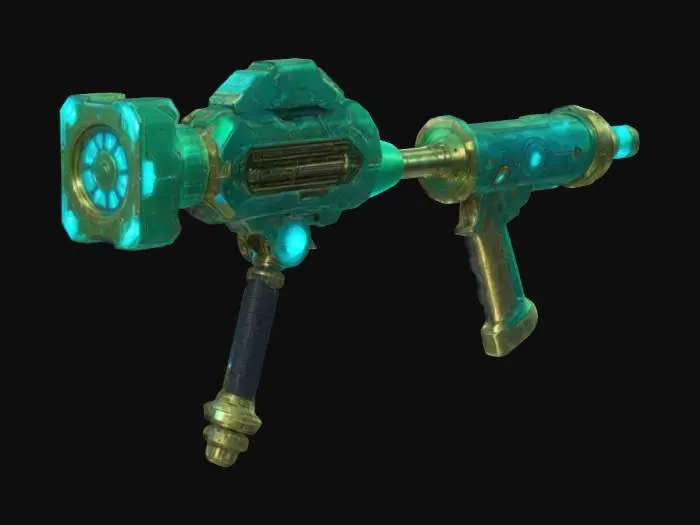 3D model for #ChronoForgeWeapon#, a cyberpunk sledgehammer sporting mechanical augmentations and a plasma-charged hydraulic system, it is colored brass and glows blue and green