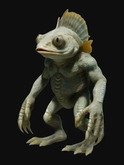 3D model for Scaly, fish-headed, amphibious humanoid with long, webbed fingers and toes.