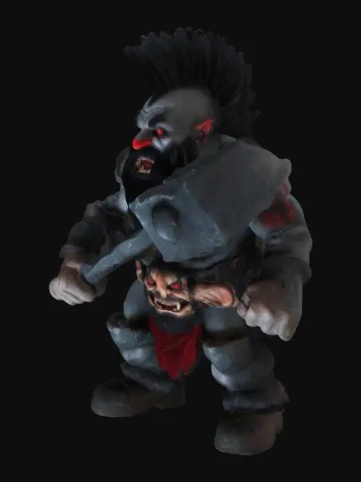 3D model for Evil dwarf with gray skin, black hair and beard, red eyes, and sharp teeth