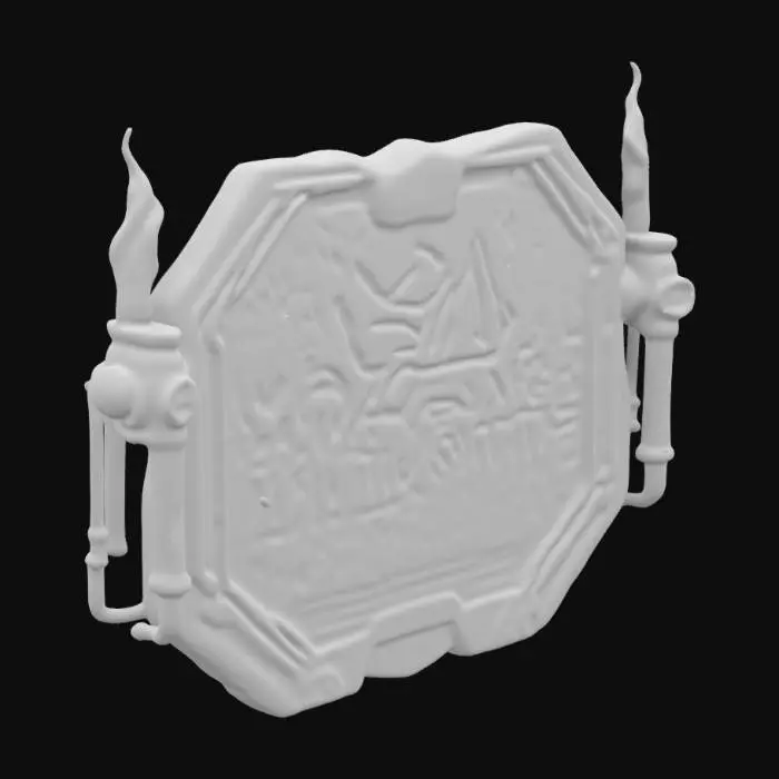 3D model for an enormous stone slab with an ancient runic language carved onto the front of it, on the sides are a series of brass pipes with blue glowing energy, the runes are glowing, #ChronoForgeWeapon#