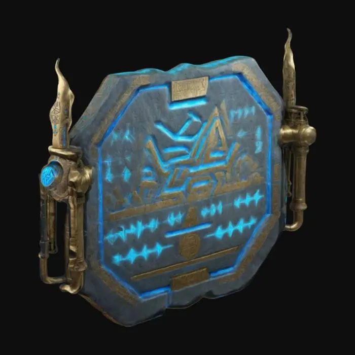 3D model for an enormous stone slab with an ancient runic language carved onto the front of it, on the sides are a series of brass pipes with blue glowing energy, the runes are glowing, #ChronoForgeWeapon#