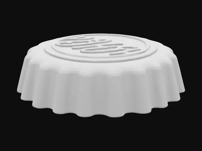3D model for Create a 3D printable, symmetrical Nuka Cola bottle cap. It should have a realistic, slightly worn metallic texture, with raised ridges around the edge like a classic soda cap. The Nuka Cola logo should be embossed on the top surface in a clear, retro style. Ensure the model is optimized for 3D printing, with no thin or fragile parts