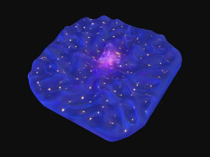 3D model for Intergalactic neural web: billions of microscopic circuits forming a vast translucent network across a dark void, glowing with soft bioluminescent blue and violet, waves of energy ripple like music, golden-ratio spirals embedded in the architecture, fractal nodes of thought, ambient stardust, surreal science poetic art, no creatures or faces.