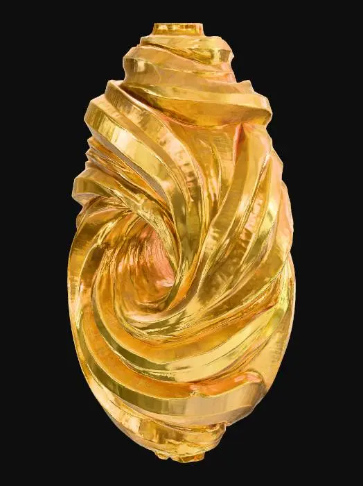 3D model for Transdimensional science artifact: layered golden spiral frames, concentric circuits, crystalline cores, filigree wiring in phi ratios, ethereal data flows weaving through geometry, ambient luminescent haze, nano-scale etchings visible across surfaces, pristine architecture, no living beings or organic forms, abstract AI science object.