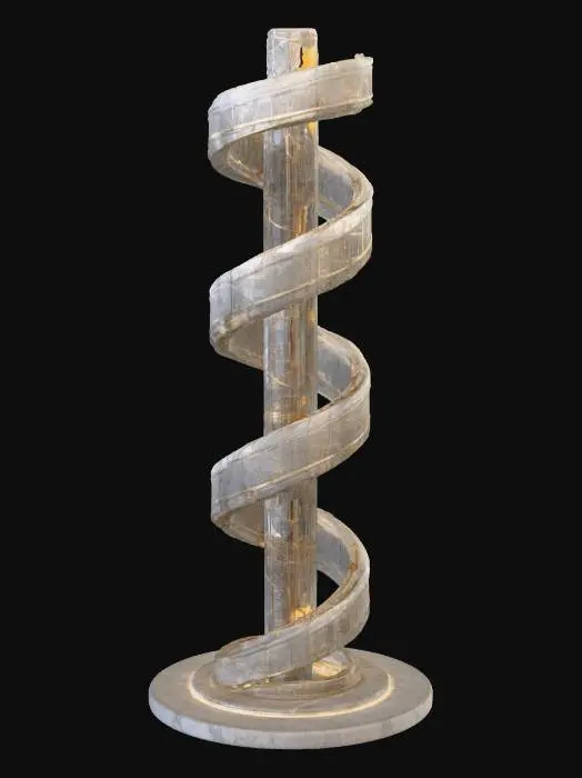 3D model for Futuristic AI monolith: phi-based spiral tower scaffold, intersecting golden ratio planes, embedded circuit veins, crystal inlays, diffused glow from inside, polished metal and glass textures, micro wiring detail overlapping large structure, moody lighting, ultra realism, (negative: no humans, no animals)