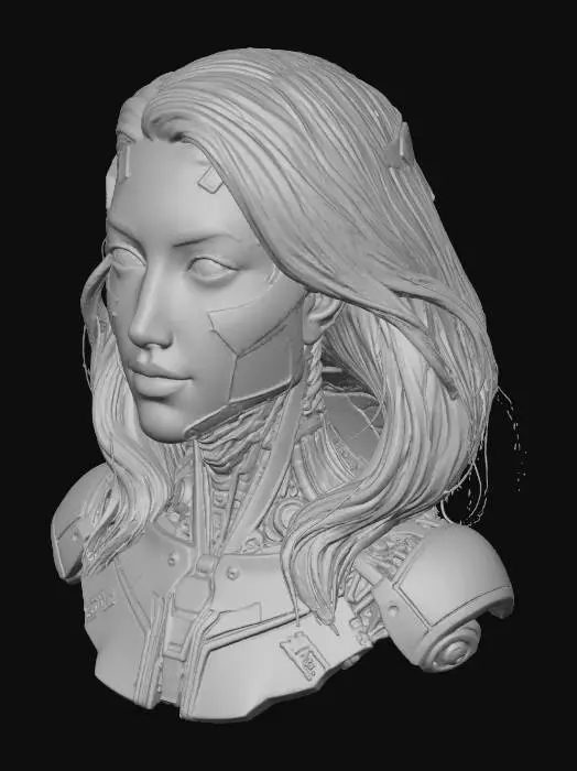 3D model for A gorgeous cyborg statue portrait: the face is almost human but anonymized by advanced tech — smooth synthetic skin, subtle plating and circuit overlays, no identifiable features. Her hair flows in luminous fiber-optic strands, faint halo glow around head. Eyes glowing silver, lips softly tinted. Mechanical implants in temples, fine wiring trailing behind. Sculptural, high detail materials: brushed chrome, polished alloy, translucent panels with circuitry beneath. Strong rim and back lighting to accent form and texture, soft nebula backdrop, sharp contrast and fine micro detail. Ultra high resolution, cinematic portrait. (negative: no organic flesh, no recognizable face)