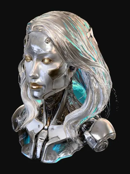 3D model for A gorgeous cyborg statue portrait: the face is almost human but anonymized by advanced tech — smooth synthetic skin, subtle plating and circuit overlays, no identifiable features. Her hair flows in luminous fiber-optic strands, faint halo glow around head. Eyes glowing silver, lips softly tinted. Mechanical implants in temples, fine wiring trailing behind. Sculptural, high detail materials: brushed chrome, polished alloy, translucent panels with circuitry beneath. Strong rim and back lighting to accent form and texture, soft nebula backdrop, sharp contrast and fine micro detail. Ultra high resolution, cinematic portrait. (negative: no organic flesh, no recognizable face)
