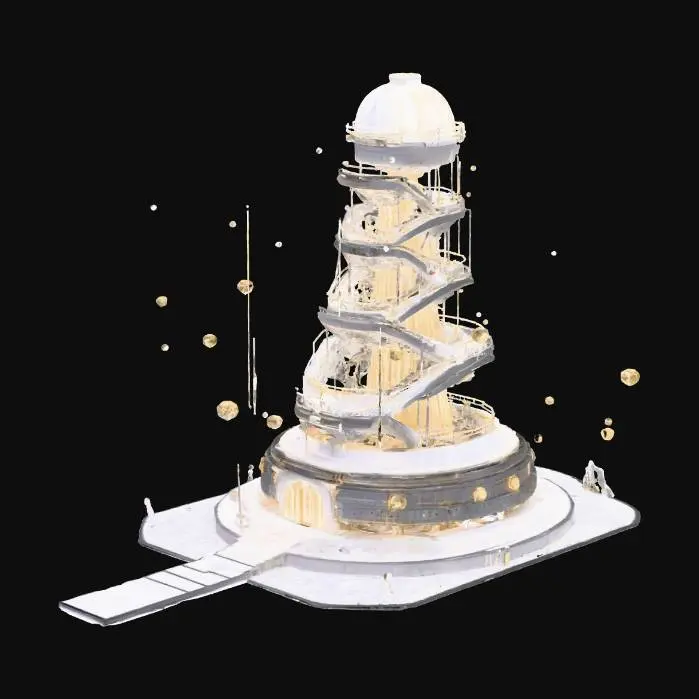 3D model for A futuristic science temple of AI, suspended in dark void: balanced architecture using the golden ratio, spiral stair-like circuit towers, layered filament meshes, floating holographic arrays, reflective metallic surfaces with subtle engraving, fine wiring detail visible, volumetric lighting, glowing cores, micro-scale intricacies, no organic or living elements, fully abstract.