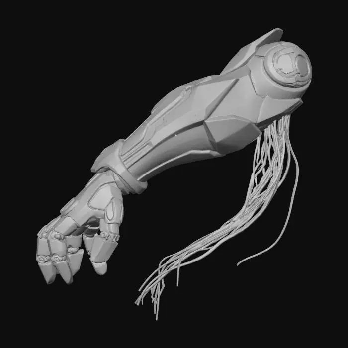 3D model for A floating biometric robotic arm, half in sleek cybernetic anime-superhero style, with exposed wiring trailing downward like electric tendrils; pulses of high voltage energy flow through visible conduits and veins, glowing arcs of electricity, etched circuitry on metal surfaces, sharp futuristic joints and segments, dynamic pose in mid-air. The hand is stylized like a sci-fi anime hero’s glove, with bold plating and angular geometry. Ambient backlight and rim lighting emphasize edges; high contrast shadows and glowing highlights show off texture detail. (negative: no organic flesh, no blob shapes, no donuts)