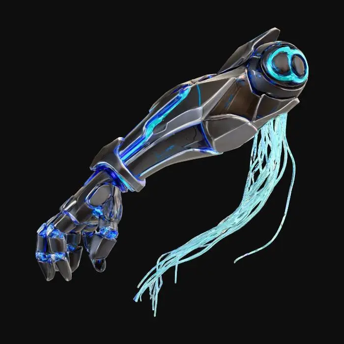 3D model for A floating biometric robotic arm, half in sleek cybernetic anime-superhero style, with exposed wiring trailing downward like electric tendrils; pulses of high voltage energy flow through visible conduits and veins, glowing arcs of electricity, etched circuitry on metal surfaces, sharp futuristic joints and segments, dynamic pose in mid-air. The hand is stylized like a sci-fi anime hero’s glove, with bold plating and angular geometry. Ambient backlight and rim lighting emphasize edges; high contrast shadows and glowing highlights show off texture detail. (negative: no organic flesh, no blob shapes, no donuts)