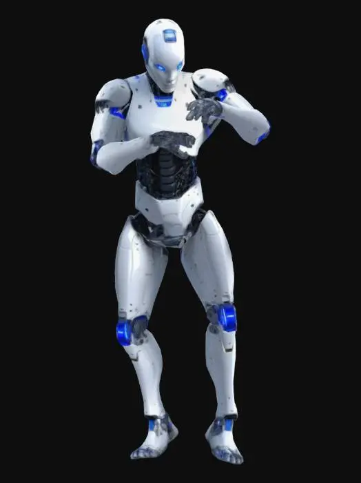 3D model for A sleek metal humanoid robot, regal, realistic, run strapped to back, distinct body plates and joints, smooth face plate, Sci-Fi, Highly Detailed, A-pose