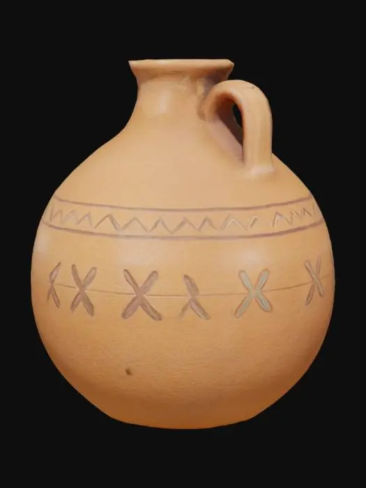 3D model for Southwestern style adobe jug with hollow inside and thick walls. Include two rows of small, raised diamond shaped patters on the outside of the jug.  No holes or cracks should be in the body of the jug>
