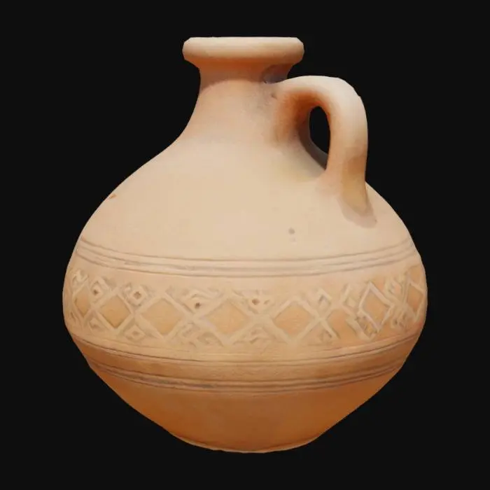 3D model for Southwestern style adobe jug with hollow inside and thick walls. Include two rows of small, raised diamond shaped patters on the outside of the jug.  No holes or cracks should be in the body of the jug>
