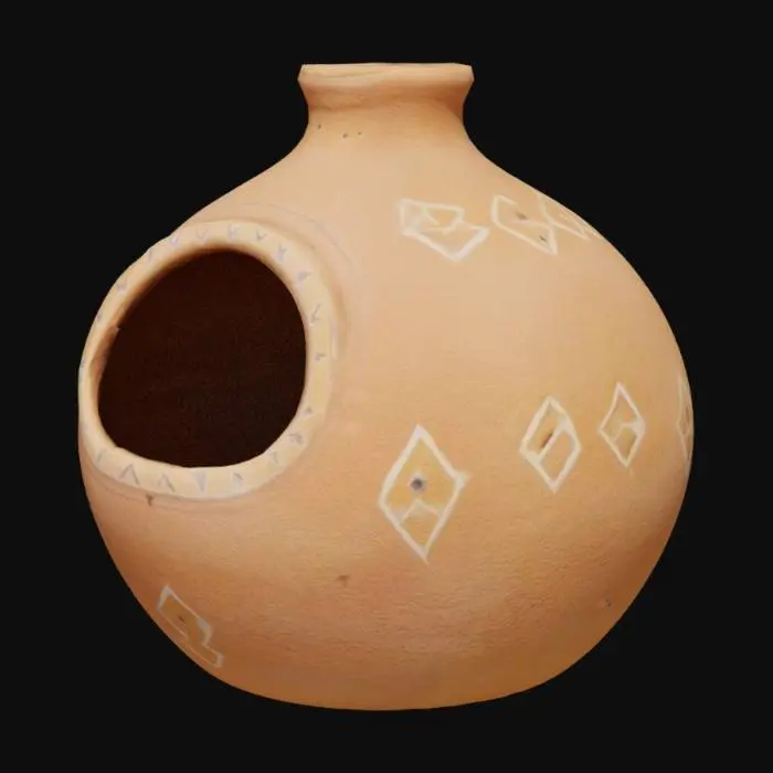 3D model for Southwestern style adobe jug with hollow inside and thick walls, Include two rows of small, raised diamond shaped patters on the outside of the jug,  No holes or cracks should be in the body of the jug.
