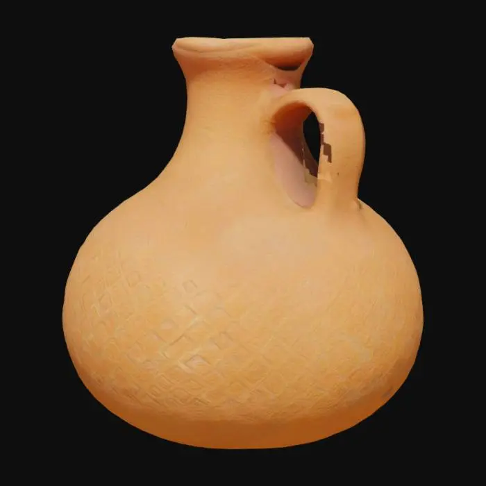3D model for Southwestern style adobe jug with hollow inside and thick walls. Include two rows of small, raised diamond shaped patters on the outside of the jug.  
