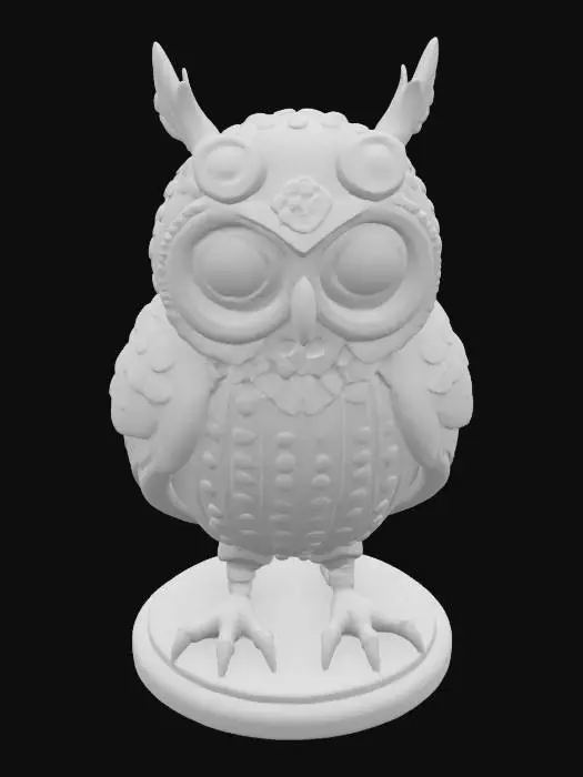 3D model for "A 3D printable model of a whimsical steampunk owl, designed to function as a desk organizer.

Overall Form:
The owl should be in a sitting posture, slightly plump and friendly-looking, with large, expressive eyes that are slightly convex (like glass lenses). Its body should be generally cylindrical, tapering slightly towards the top, with flat base for stability.
Eyes: Goggles with small, intricate gears on the sides, slightly bulging and reflective.
Body: Designed to resemble riveted metal plates. Clearly defined seams between plates.
Wings: Small, folded wings at its sides, also made of segmented, riveted metal, impression of mechanical articulation.
Feet/Talons: Simplified, sturdy talons clutching a small, circular base, made of a thicker, industrial-looking metal.

