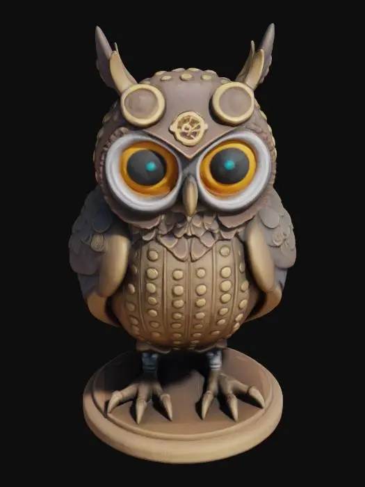 3D model for "A 3D printable model of a whimsical steampunk owl, designed to function as a desk organizer.

Overall Form:
The owl should be in a sitting posture, slightly plump and friendly-looking, with large, expressive eyes that are slightly convex (like glass lenses). Its body should be generally cylindrical, tapering slightly towards the top, with flat base for stability.
Eyes: Goggles with small, intricate gears on the sides, slightly bulging and reflective.
Body: Designed to resemble riveted metal plates. Clearly defined seams between plates.
Wings: Small, folded wings at its sides, also made of segmented, riveted metal, impression of mechanical articulation.
Feet/Talons: Simplified, sturdy talons clutching a small, circular base, made of a thicker, industrial-looking metal.

