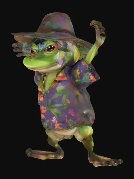 3D model for Smooth extremely detailed, humanoid, Cartoon 3d, pixar style Frog, full body, a-pose, strawhat, hawaii shirt
