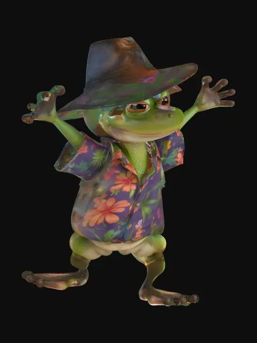 3D model for Smooth extremely detailed, humanoid, Cartoon 3d, pixar style Frog, full body, a-pose, strawhat, hawaii shirt