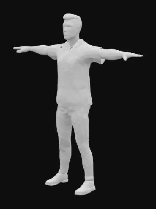 3D model for A simple low-poly human character named "Vektor" in a neutral T-pose. The character should wear a basic shirt, pants, and shoes, with a game-ready style. The model should be optimized for Unity, rigged for animations, and have clean textures. Use soft blue and gray colors.
