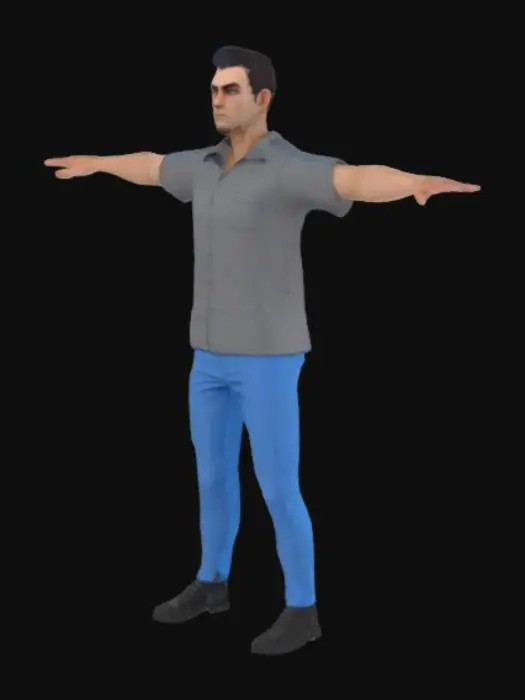 3D model for A simple low-poly human character named "Vektor" in a neutral T-pose. The character should wear a basic shirt, pants, and shoes, with a game-ready style. The model should be optimized for Unity, rigged for animations, and have clean textures. Use soft blue and gray colors.
