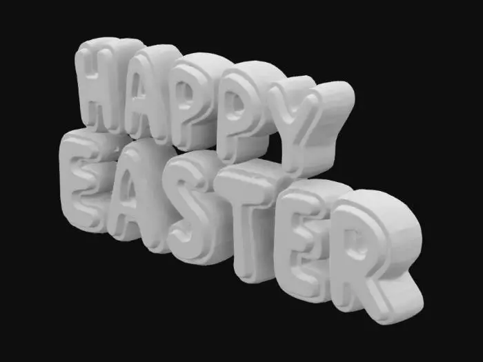 3D model for A colorful 3D sign that says "HAPPY EASTER" in bold, rounded letters. Each letter has a different bright color, with a soft white outline and decorated with small white polka dots, giving a cheerful Easter-themed appearance. The letters should have a slightly puffy, playful cartoon style with a glossy finish. Arrange the words in two lines: "HAPPY" on the top and "EASTER" below. Add a soft drop shadow or glow to make the letters pop, and ensure the overall look is festive and joyful.